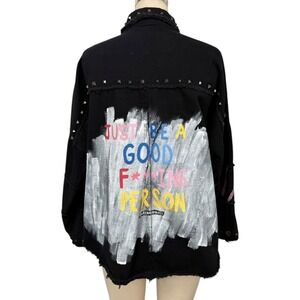 Wren + Glory Black Jean Jacket Studded Art Paint Graphic Print Good Person Women